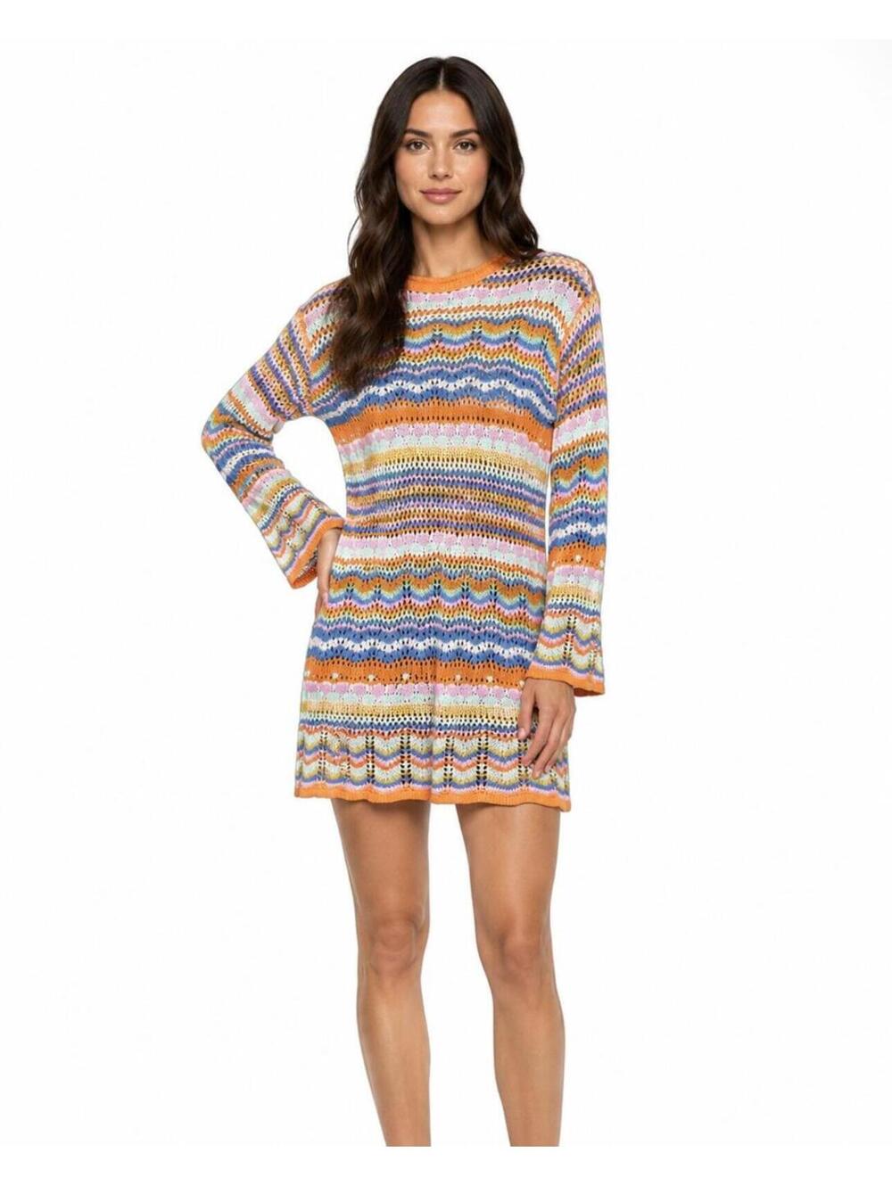 Vintage 70s Style Crochet Knit Mini Dress Pastel Stripe Festival Boho Size Small